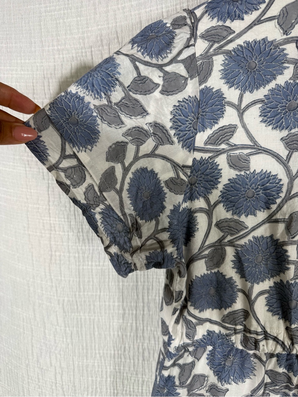 Victoria Dunn Blue Floral Block Print Cotton Midi Dress Made in India | M - Picture 6 of 14
